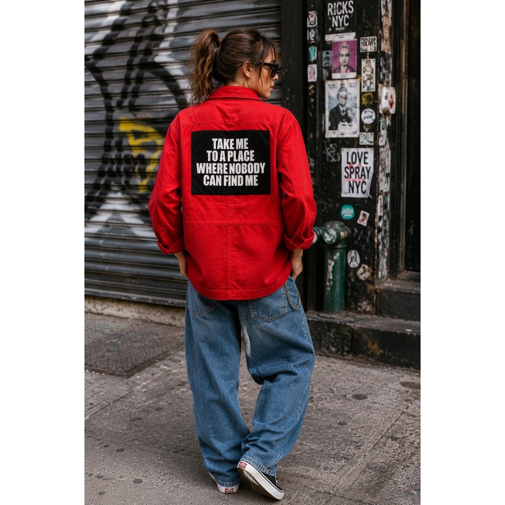 Red‎ Utility Jacket Graphic Back Patch Streetwear Edgy Indie Urban Grunge SzM